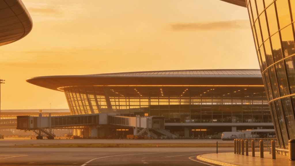 Modern airport terminal with airplane taking off